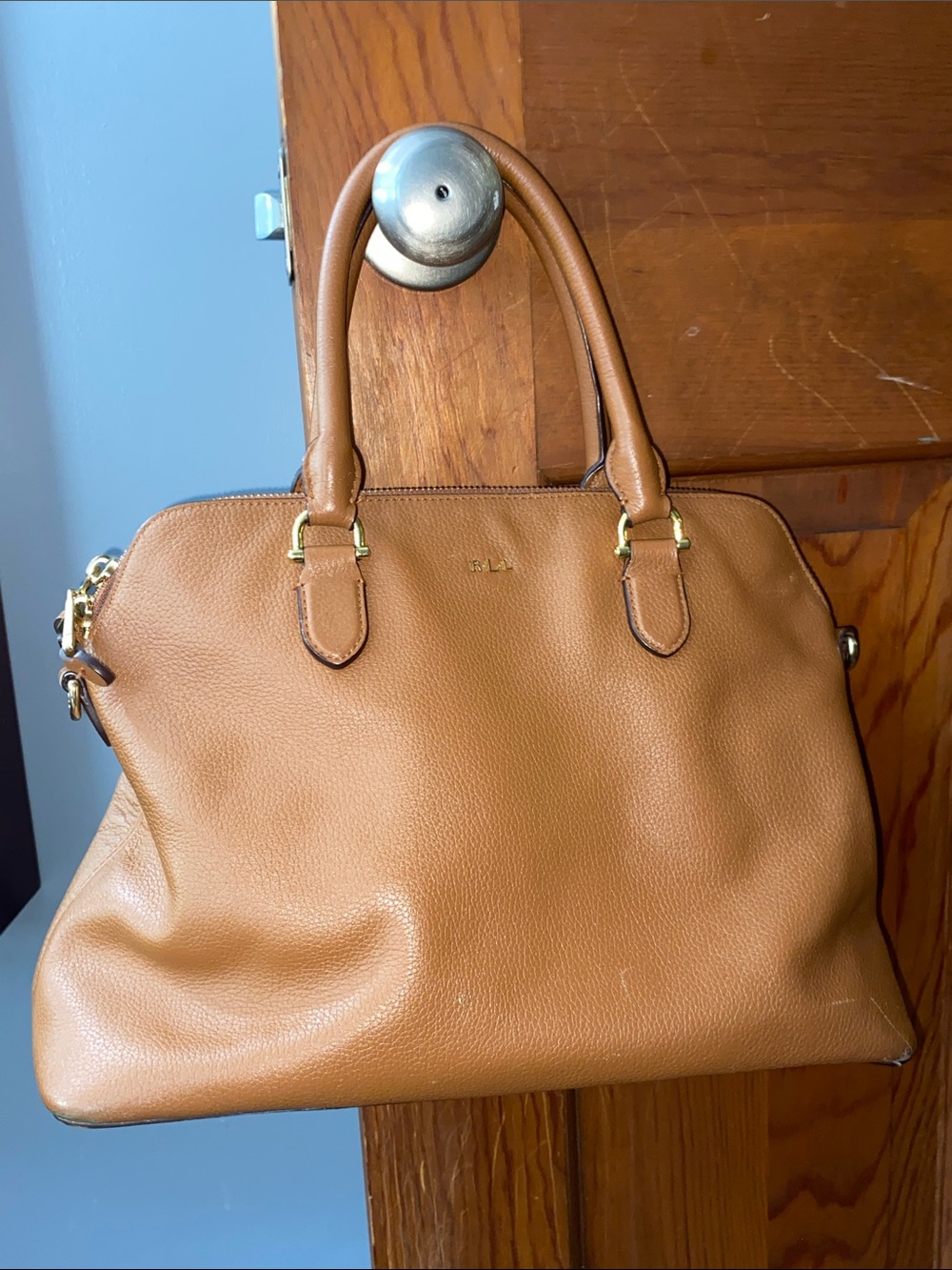 Lauren Ralph Lauren Brown Tan Pebbled Leather Satchel Handbag Gold Hardware RLL